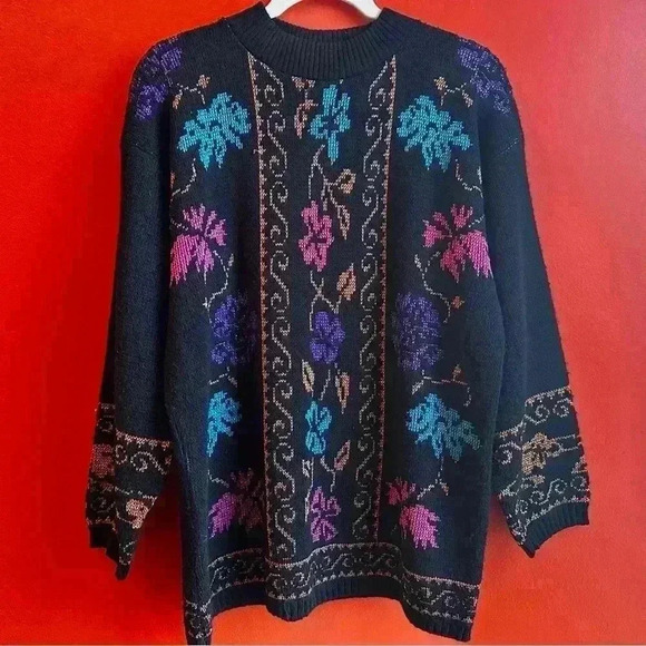 Vintage 80's Dana Scott Black with Metallic floral print size Large - Picture 1 of 6